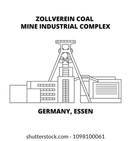 Alemania, Essen, Zollverein Línea Complejo Industrial Minería de Carbón concepto ícono. Alemania, Essen, Zollverein Mina de Carbón Complejo Industrial Signo de vector lineal, símbolo, ilustración.