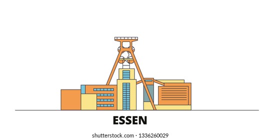 Germany, Essen, Zollverein Coal Mine Industrial Complex flat landmarks vector illustration. Germany, Essen, Zollverein Coal Mine Industrial Complex line city with famous travel sights, skyline, design