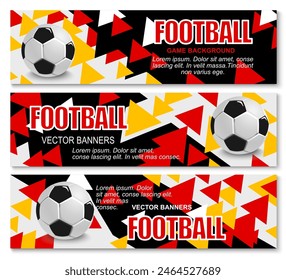 Germany euro soccer cup 2024 banners. Vector vibrant football-themed horizontal cards for tournament league championship, with realistic 3d soccer balls, and geometric shapes in colors of German flag