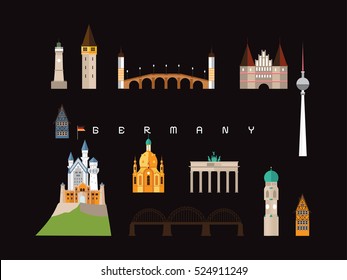 Germany Famous Landmarks Infographic Templates for Traveling Minimal Style and Icon Set, Symbol Set Vector Illustration Can be use for Poster Travel book, Postcard, Billboard.