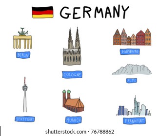 Germany - famous places: Berlin, Hamburg, Cologne, Frankfurt, Stuttgart, Munich and Alps. Doodle illustration.