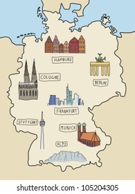 Germany - famous places on a doodle map: Berlin, Hamburg, Cologne, Frankfurt, Stuttgart, Munich and Alps. Color version.