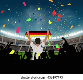 Germany fan stand up and hand flag among silhouette group to celebrate the team won in the soccer match on the stadium background, with confetti in the night time, design for template in vector format