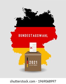 Germany federal parliament Bundestag Election day. Polling box with bullotin, check mark, 2021 year, national flag at country map silhouette. Vector banner. Translation from German: federal election