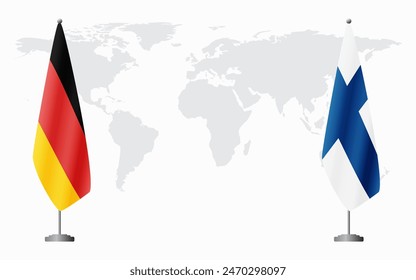 Germany and Finland flags for official meeting against background of world map.