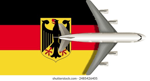 Bandera de Alemania con un avión volando sobre ella de cerca. Vector Imagen.