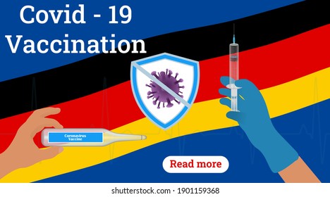 Antecedentes en Alemania.Hora de vacunar.Banner horizontal con vacuna médica,jeringa.Calendario de vacunación.Prevención de enfermedades Covid - 19. Ilustración vectorial en fondo aislado azul.