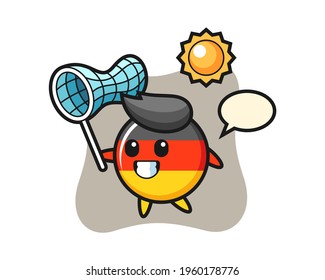 Germany flag badge mascot illustration is catching butterfly, cute style design for t shirt, sticker, logo element