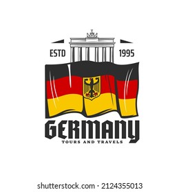 Germany flag, Berlin travel landmark, vector Brandenburg Gate. German tourism, history and culture, sightseeing city tours in Berlin, Deutschland architecture and flag with egale crest