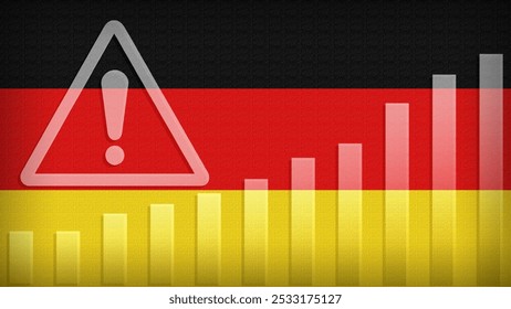 Germany flag with burlap texture, warning sign, and rising bar chart symbolizing increasing risk or growth challenges in the country. Ideal for data presentations.