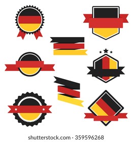 Germany flag collection. Label, quality stamp, curl ribbon, sticker and badge in official germany flag national symbol color isolated icon set on white background. Vector design element illustration
