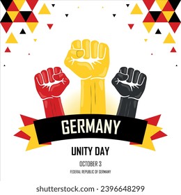 Germany flag color combination patriot banner, raised fist, human hands, cheering people, celebrate, red, black and yellow geometric abstract background design, strike, parade, riot, protest or rally