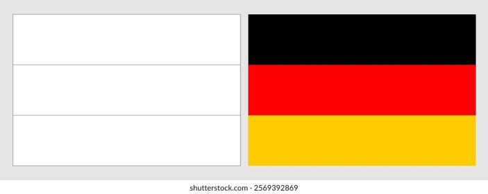 Germany flag - coloring page. Set of white wireframe thin black outline flag and original colored flag.