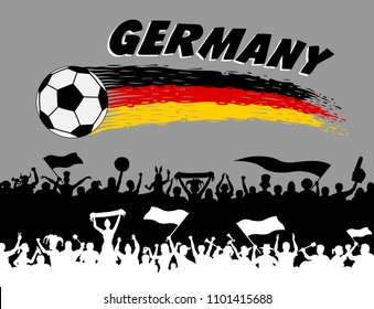 Germany flag colors with soccer ball and German supporters silhouettes. All the objects, brush strokes and silhouettes are in different layers and the text types do not need any font. 