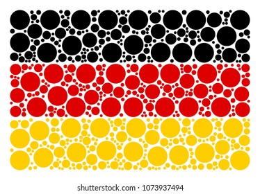 Germany Flag composition organized of filled circle elements. Vector filled circle pictograms are united into conceptual German flag pattern.