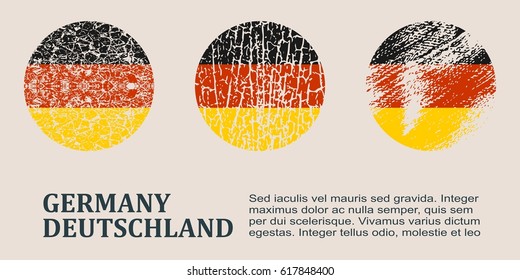 Germany flag design concept. Flags collection textured in grunge style with country name. Image relative to travel and politic themes. Translation of the inscription: Germany