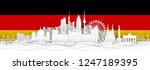 Germany flag and famous landmarks in paper cut style vector illustration.