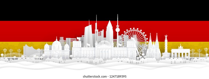 Germany flag and famous landmarks in paper cut style vector illustration. svg