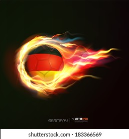 Germany flag with flying soccer ball on fire isolated black background, vector illustration