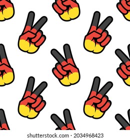 Germany flag in the form of a peace sign. Seamless background. Gesture V victory sign, patriotic sign, icon for apps, websites, T-shirts, souvenirs, etc., isolated on white background