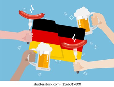 Germany flag with a glass of beer and sausage. Vector illustration