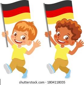 Bandera alemana en mano. Niños con bandera. Vector de bandera nacional de Alemania