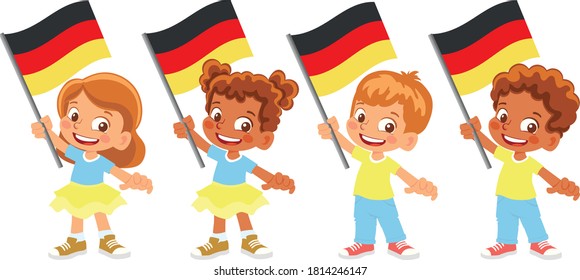 Bandera alemana en mano. Niños con bandera. Vector de bandera nacional de Alemania