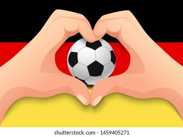 Germany flag and hand heart shape. National football background. Soccer ball with flag of Germany vector illustration