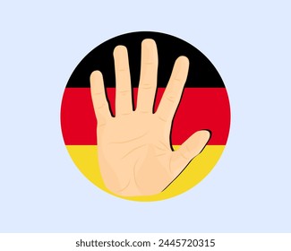 Deutschland-Fahne mit Handstopp-Schild, Protest- und Menschenrechtsidee, Vektorgrafik-Design, Protest in Deutschland, Einschränkung oder verbotenes Emblem, Verletzung der Meinungsfreiheit, Krieg beenden