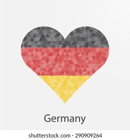 Germany flag heart in geometric,mosaic polygonal style.Love to country.Abstract tessellation,background. Vector illustration EPS10