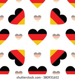 Germany flag heart seamless pattern. Patriotic Germany flag background. Country flag in the shape of heart. Vector seamless pattern.