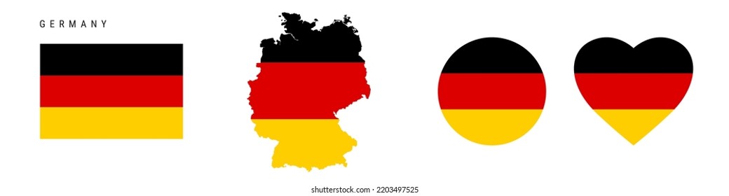 Juego de iconos de bandera de Alemania. Alemán de colores y proporciones oficiales. Rectangular, en forma de mapa, en círculo y en forma de corazón. Ilustración vectorial plana aislada en blanco.