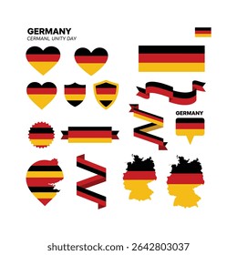 "Germany Flag Icon Set – German Unity Day Symbols with Map, Heart, Shield, and Ribbon Designs in Black, Red, and Gold"