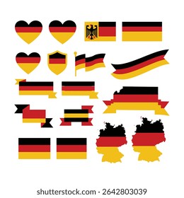 "Germany Flag Icon Set – German Unity Day Symbols with Map, Heart, Shield, and Ribbon Designs in Black, Red, and Gold"