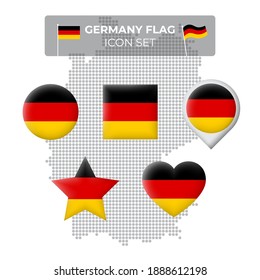 Germany flag icons set in the shape of square, heart, circle, stars and pointer, map marker. Germany mosaic map. German tricolor. Vector symbol, icon, button