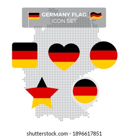 Germany flag icons set in the shape of square, heart, circle, stars and pointer, map marker. Germany mosaic map. German tricolor. Vector flat symbol, icon, button
