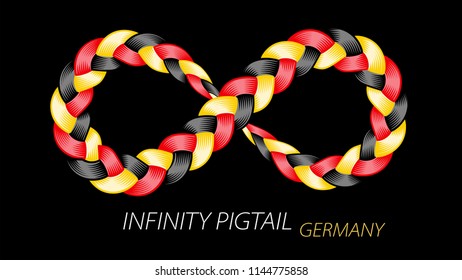 Germany flag as infinity twisted pigtail sign. Color flow from colorful weaving hairstyle isolated. Loop patriotic stripes. Vector illustration for print or web design.
