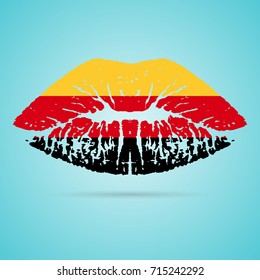 Germany Flag Lipstick On The Lips Isolated On A White Background. Vector Illustration. Kiss Mark In Official Colors And Proportions. Independence Day