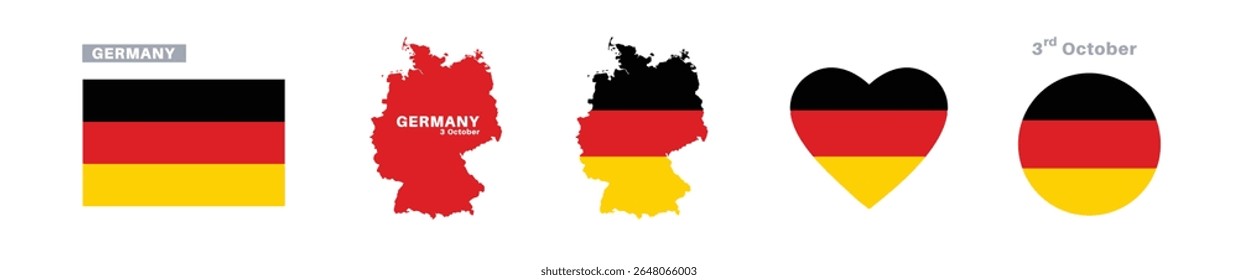 germany flag and map set. germany flag in official colors and proportions. independence day 3 october, map, circle and heart shaped germany	