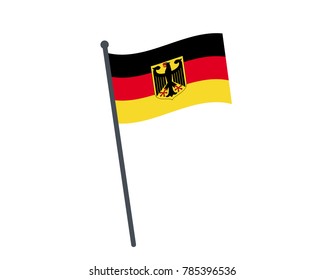 Germany flag. The national flag of Germany on a pole. The waving flag. The sign and symbol of the country. Realistic vector on white.