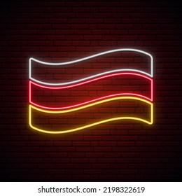 Germany flag neon sign. Glowing waving Germany national flag isolated on dark brick wall background. Stock vector illustration.