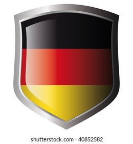 germany flag on metal shiny shield. Collection of flags on shield against white background. Isolated object.