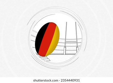 Deutschland flaggt auf Rugby-Ball, ausgekleidetes Rugby-Symbol mit Ball in einem überfüllten Stadion. Vektorsportemblem auf abstraktem Hintergrund.