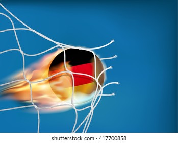 Germany flag on soccer ball goes through the net of goal in vector illustration, design for score in football with powerful shooting as a fire
