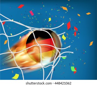 Germany flag on soccer ball goes through the net of goal with confetti in vector illustration. Concept design for score in football with powerful shooting as a fire