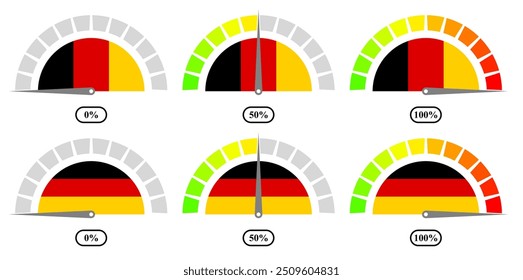 Conjunto de iconos de velocímetros porcentuales de la bandera de Alemania. Ilustración vectorial aislada sobre fondo blanco