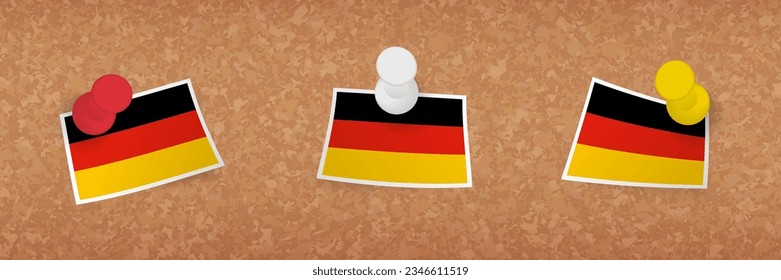 Deutschland Fahne eingeklemmt in Korkbrett, drei Versionen der deutschen Flagge. Vektor-Pins und Flaggensatz.