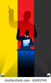 Germany flag with political speaker behind a podium  Original vector illustration. Ideal for national pride concepts.