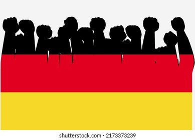 Germany flag with raised protest hands vector, country flag logo, Germany protesting concept, flat design, against idea