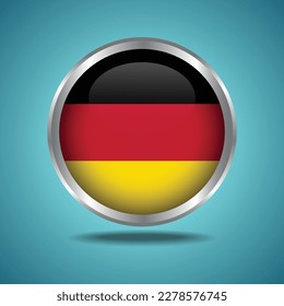 The Germany flag. Round glossy. Silver frame. Isolated on color gradient background